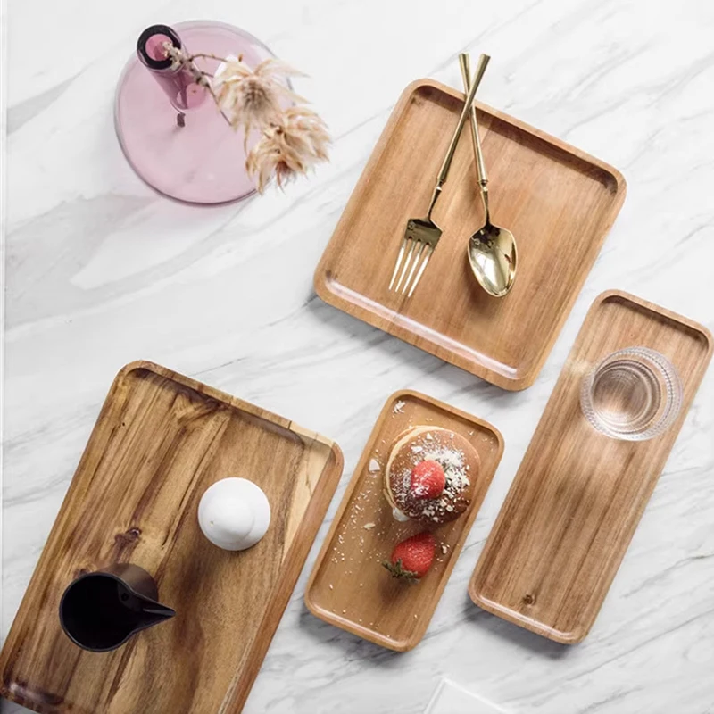 4 Sizes Natural Wooden Serving Tray Square/Rectangular  Wood Plate Food Fruit Dessert Tea Storage Trays Supplies for Hotel Home