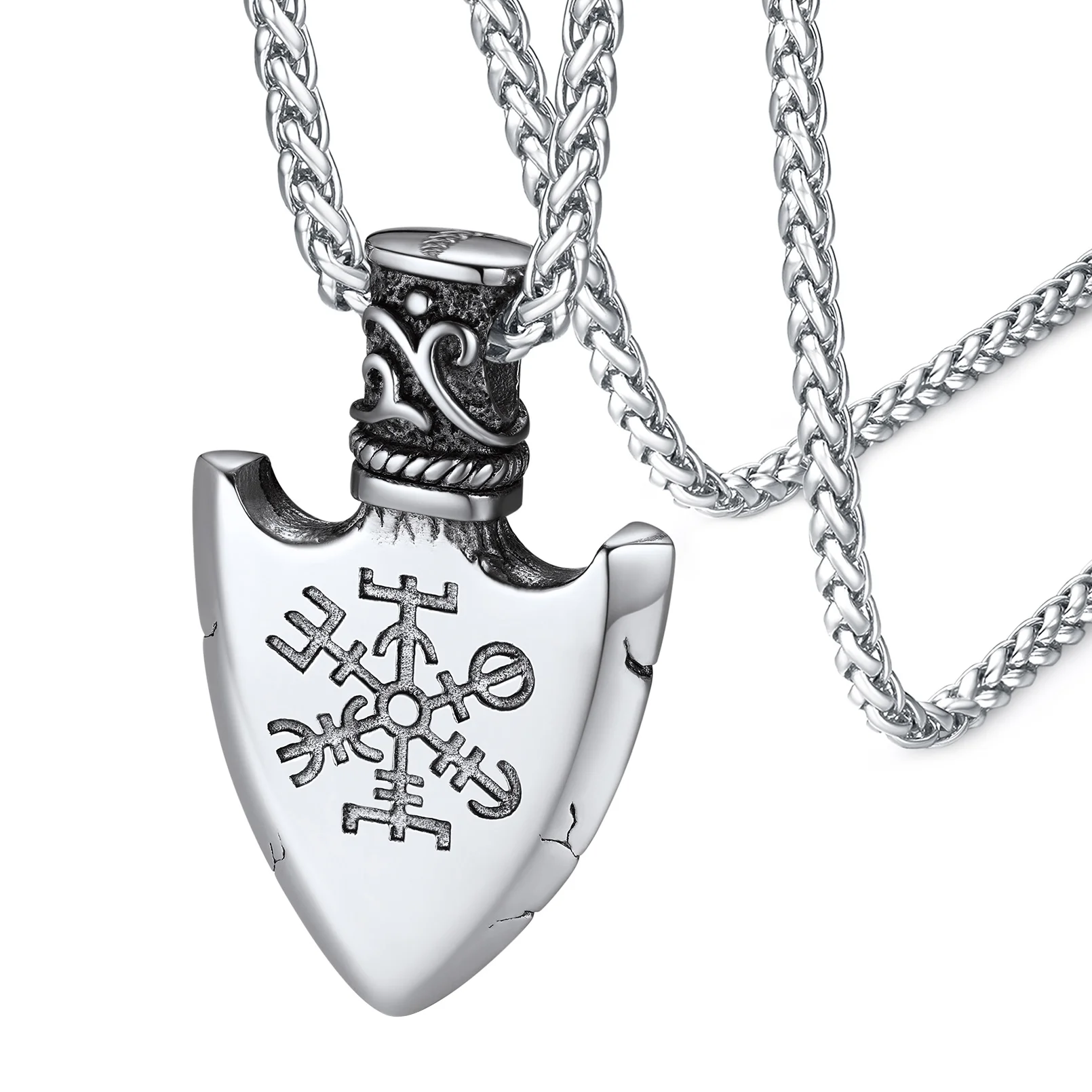 

U7 Stainless Steel Nordic Viking Shield Pendant Necklace for Men Woman Norse Mythology Runic Compass Amulet Unisex Jewel