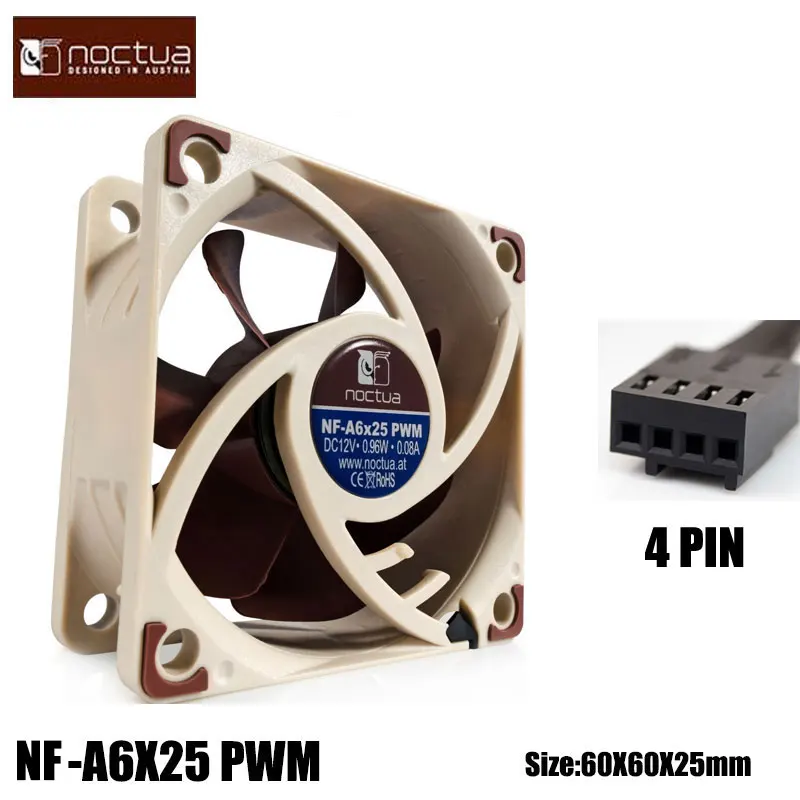 Noctua NF-A6X25 60x60x25mm 12 V/5 V 3pin/4pin PWM Intelligente Temperatuurregeling SSO Magnetisch Stabiel Lager 6 CM Fan