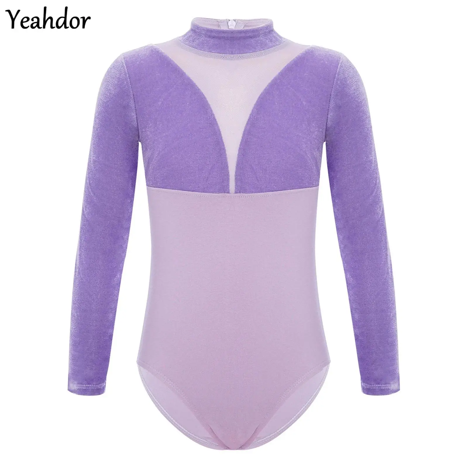 

Kids Girls Ballet Dance Leotard Long Sleeves Velvet Mesh Patchwork Cotton Warm Gymnastics Dance Bodysuit Workout Training Wear