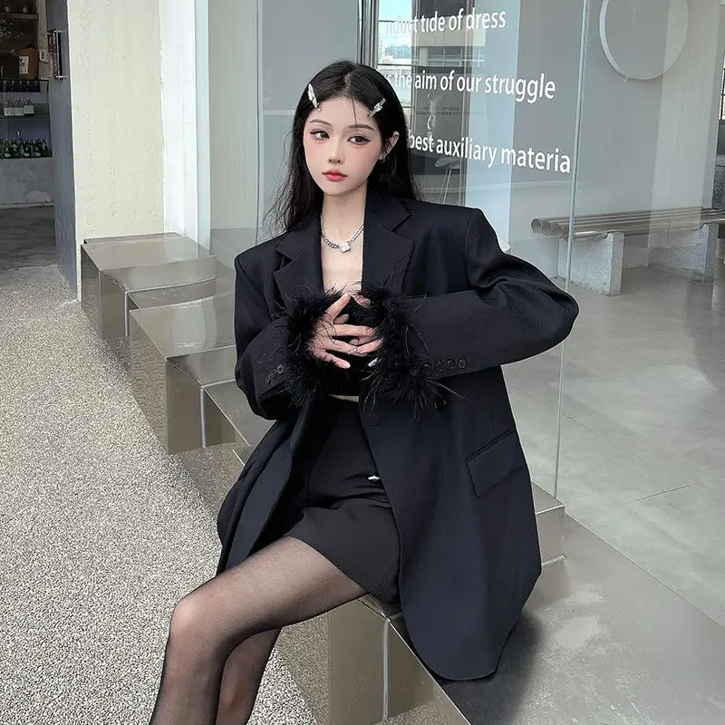 Sweet Cool Black Ladies Blazer For Women Autumn Jacket New Mid-Length High-End Casual Loose Petite Top Kawaii Korean Streetwear