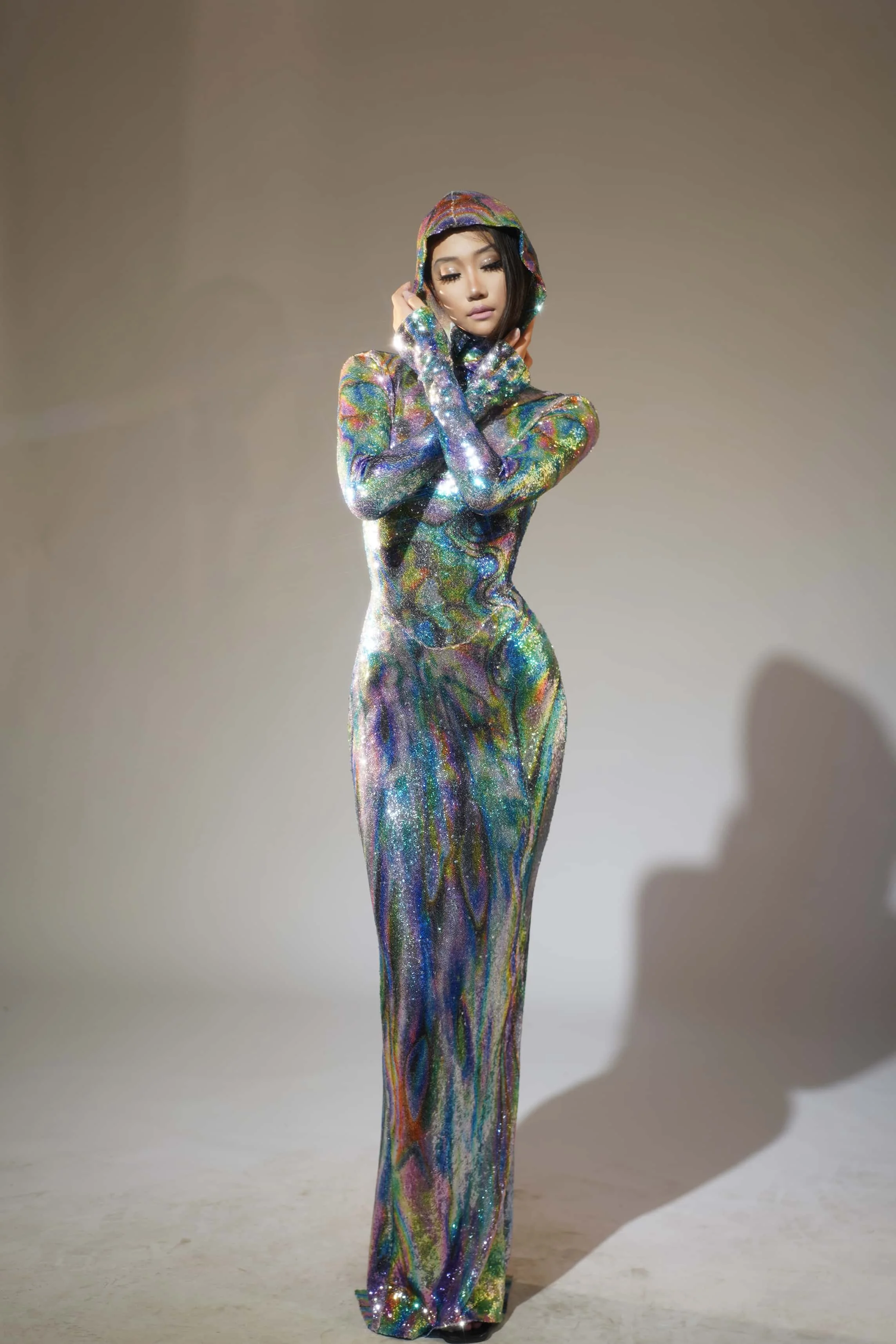 Baoyu-Sexy Women Sparkly Sequins Hoodies Long Dresses Nightclub Party Hoody Long Sleeve Dance Performance Tight Fitting Costume