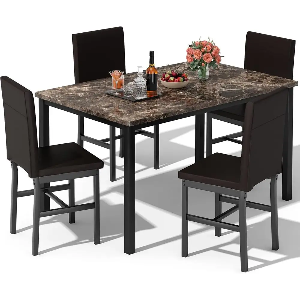 

Комплект кухонного стола из мрамора из 5 предметов с мягкими стульями для небольших помещений - коричневый и коричневый