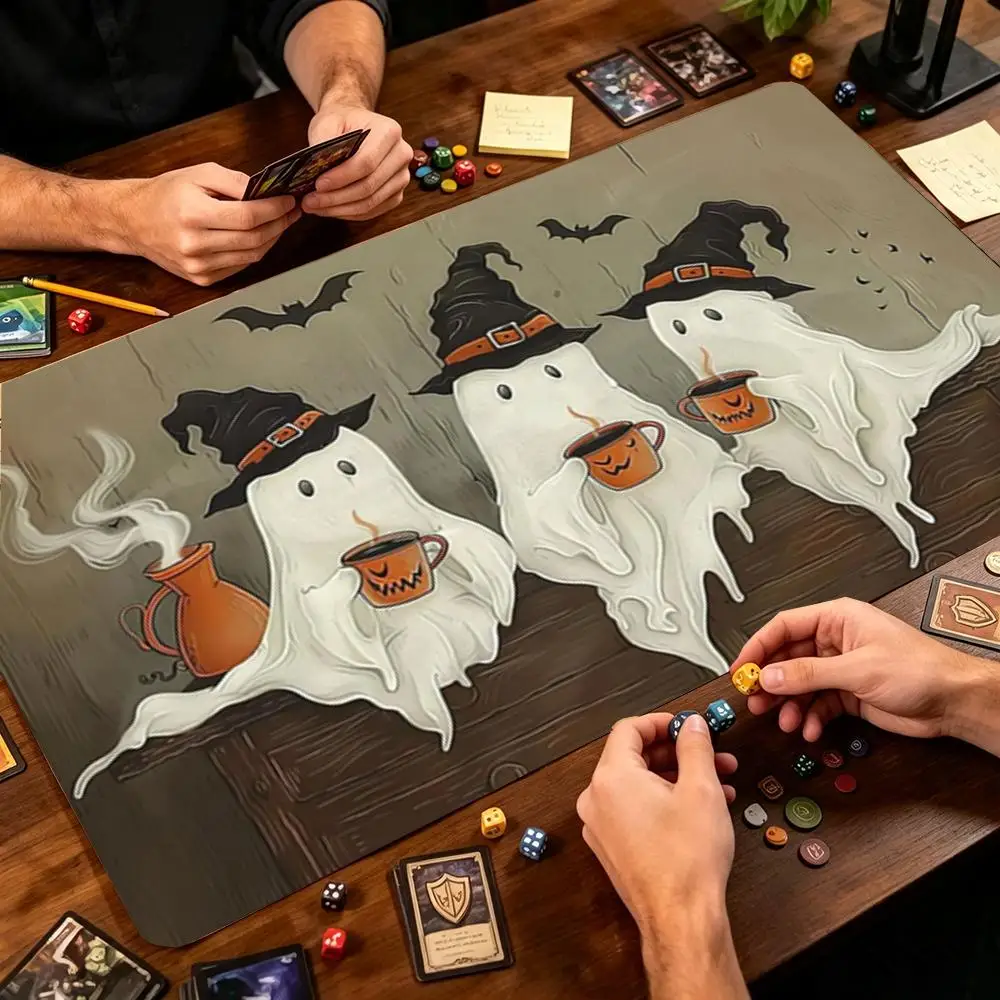Cute Ghost Witch Drinking Coffee Halloween TCG Playmat Large Desk Mat Mouse Pad Mousepad Non‑Slip For Tabletop Card Game Desktop