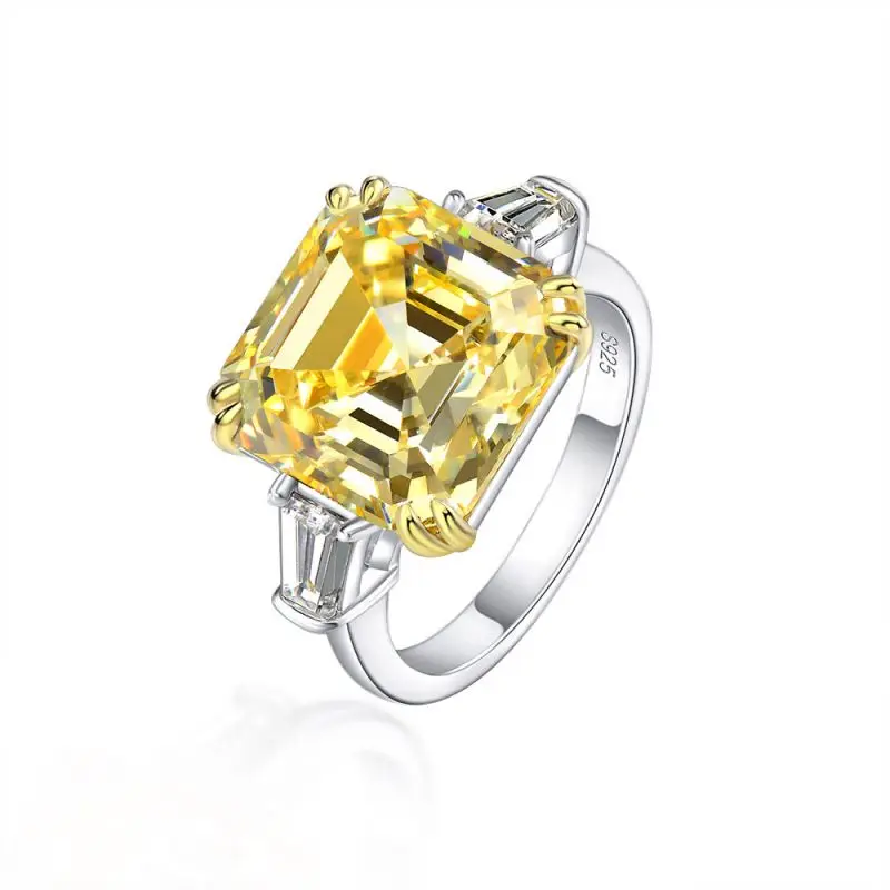 

925 Sterling Silver Yellow 12x12mm Cubic Zirconia CZ 3 Stone Asscher Cut Diamond Engagement Ring Fine Jewelry