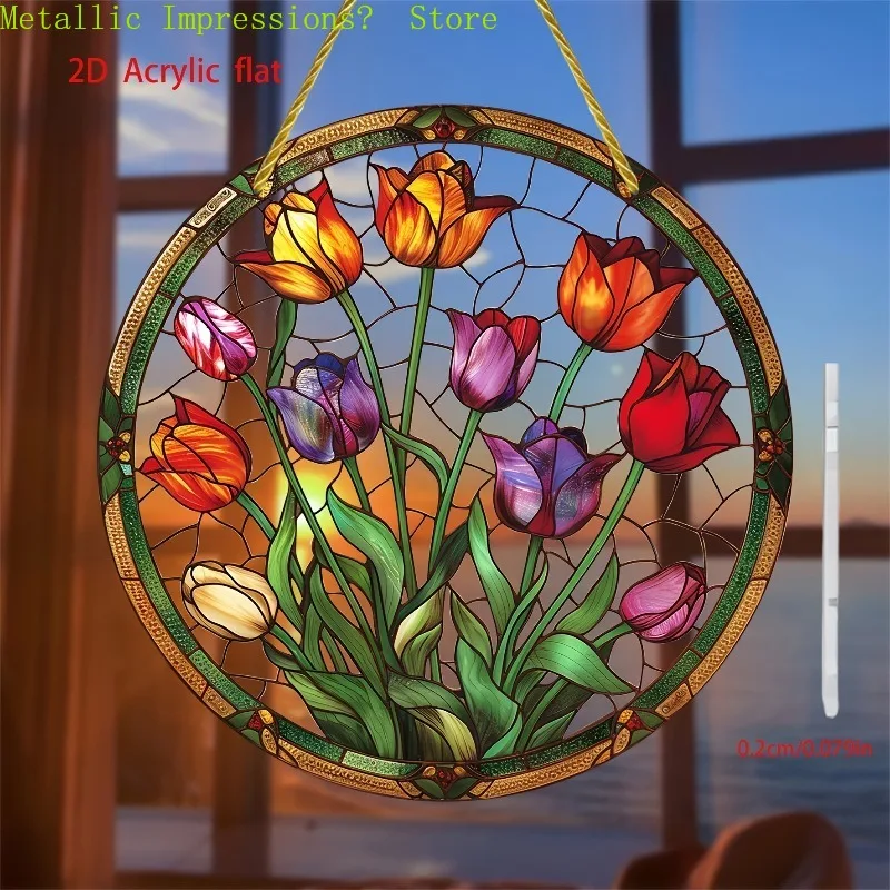 Round Tulip Stained Glass Window Hanging, Colorful Flower Suncatcher Ornament, Vintage Floral Wall Art Decor for Home, Garden, W