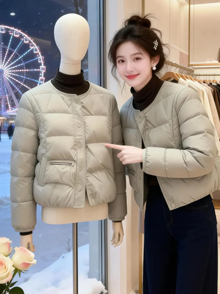 

Korean Style round Neck Short Cotton Jacket Women's Warm Lightweight Fashionable Winter Outerwear Casual Comfortable Fit