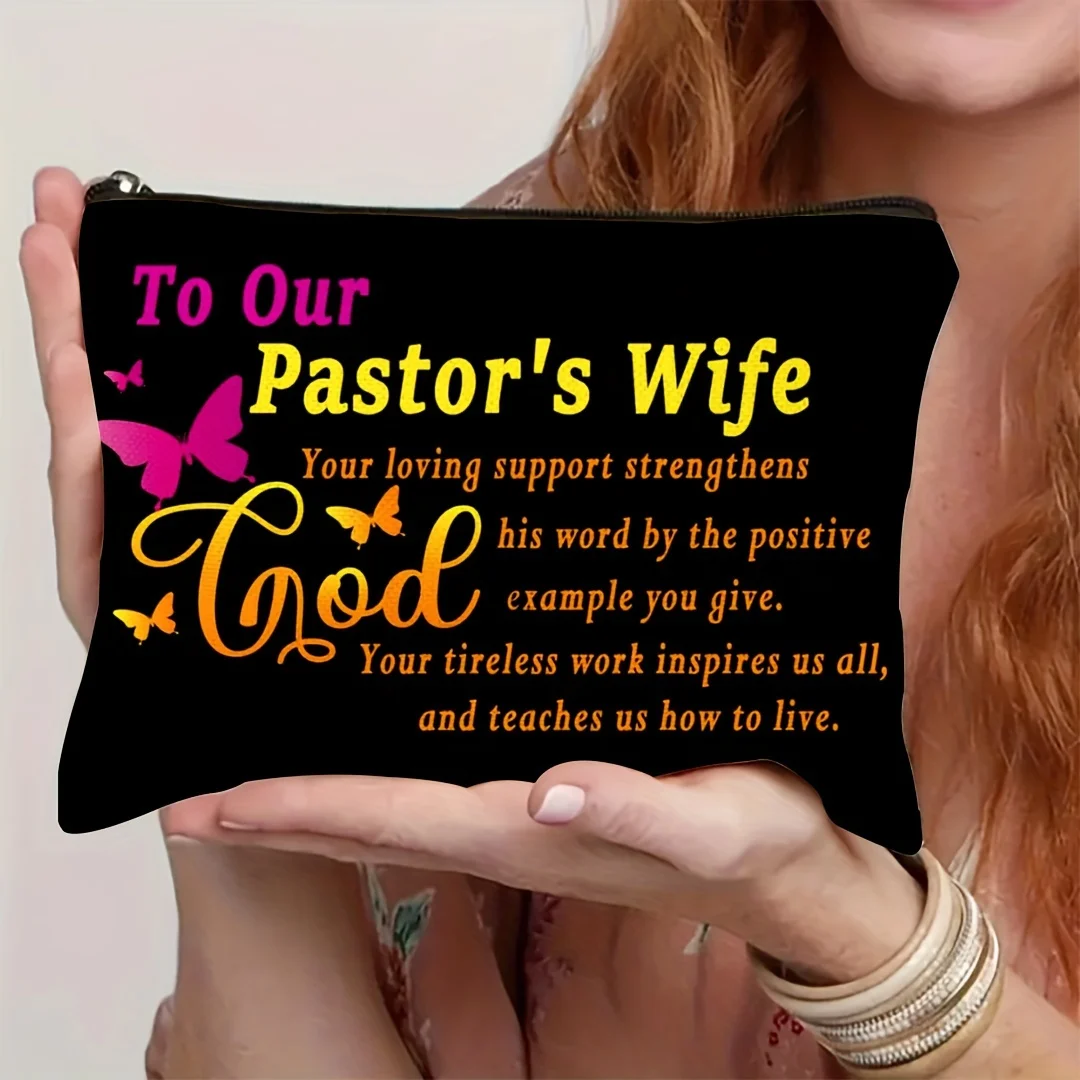 Pastor's Wife Butterfly Letter Print Cosmetic Bag Portable Zipper Makeup Pouch Travel Toiletry Storage Organizer Gift For Christ