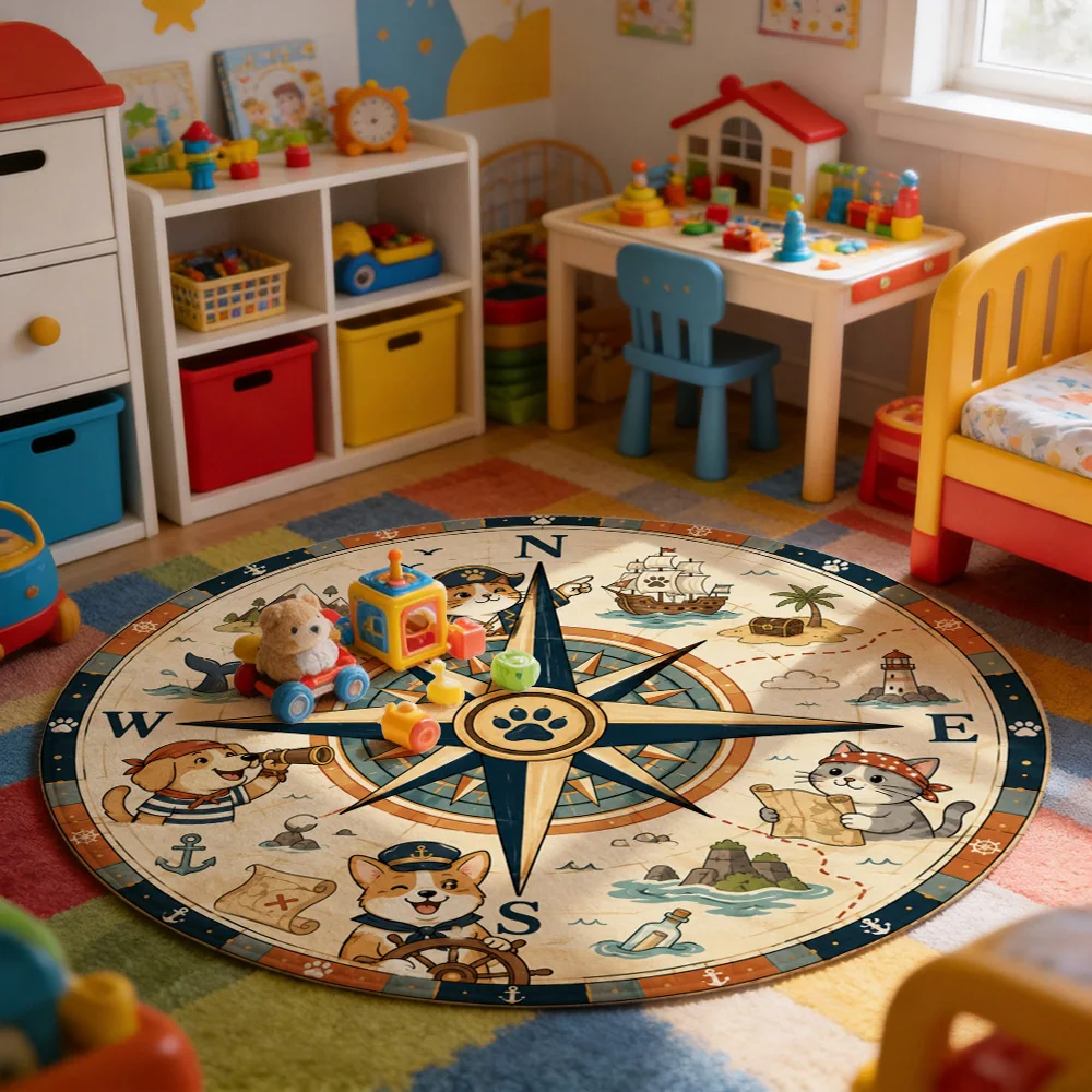 Nautical Compass Rose Area Rug Dog Cat Ocean Adventure Mat for Living Room Nursery Coastal Decor