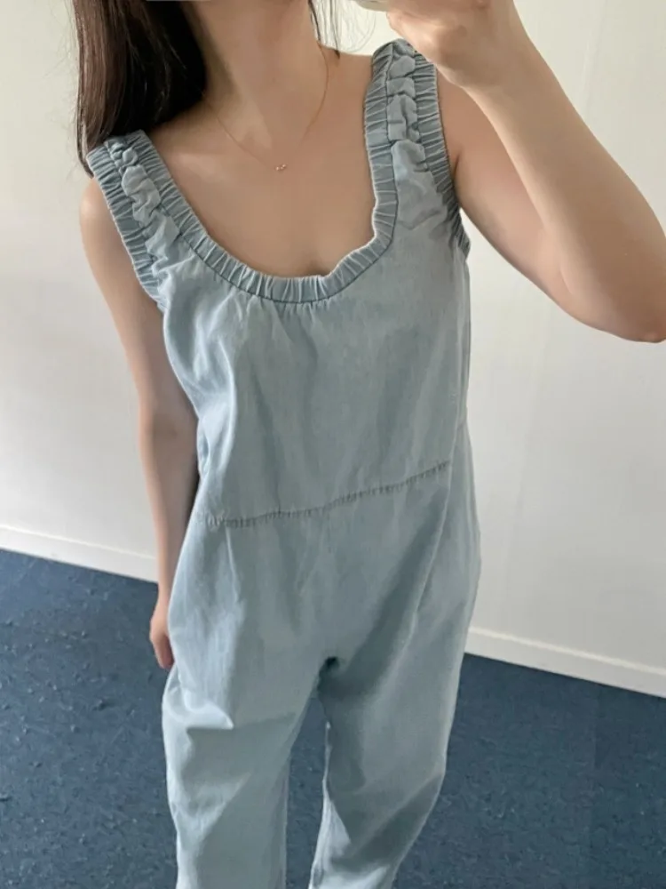 Blue Casual Summer Sleeveless Wash Vest Denim Jumpsuit Women Pleated Vintage Overalls Jumpsuits Streetwear Loose Clothes Fashion