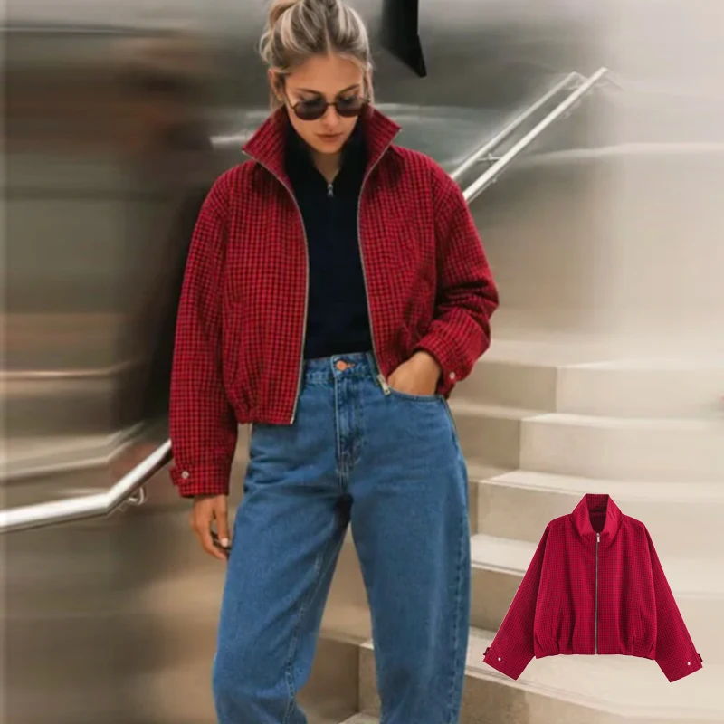 Jackets & Coats Autumn Women's 2026 New Fashion Red Plaid Elegant Youth Loose Warm Jackets Blouse Street Chic Women's Fall Coats