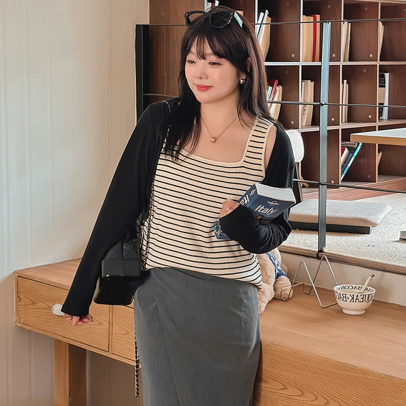 

Big Size Women Clothing Square Neck Knitwear Women 2024 Summer Striped Bottom Vest Loose Casual Halter Tops Fashion Cool Shirts