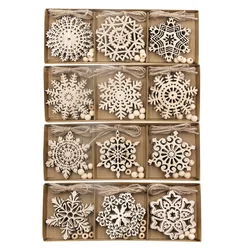 12PCS/Box Wooden Hollowed Snowflake Pendant Vintage Xmas Hanging Ornaments for Noel Tree Decorations DIY Painting Gifts Supply