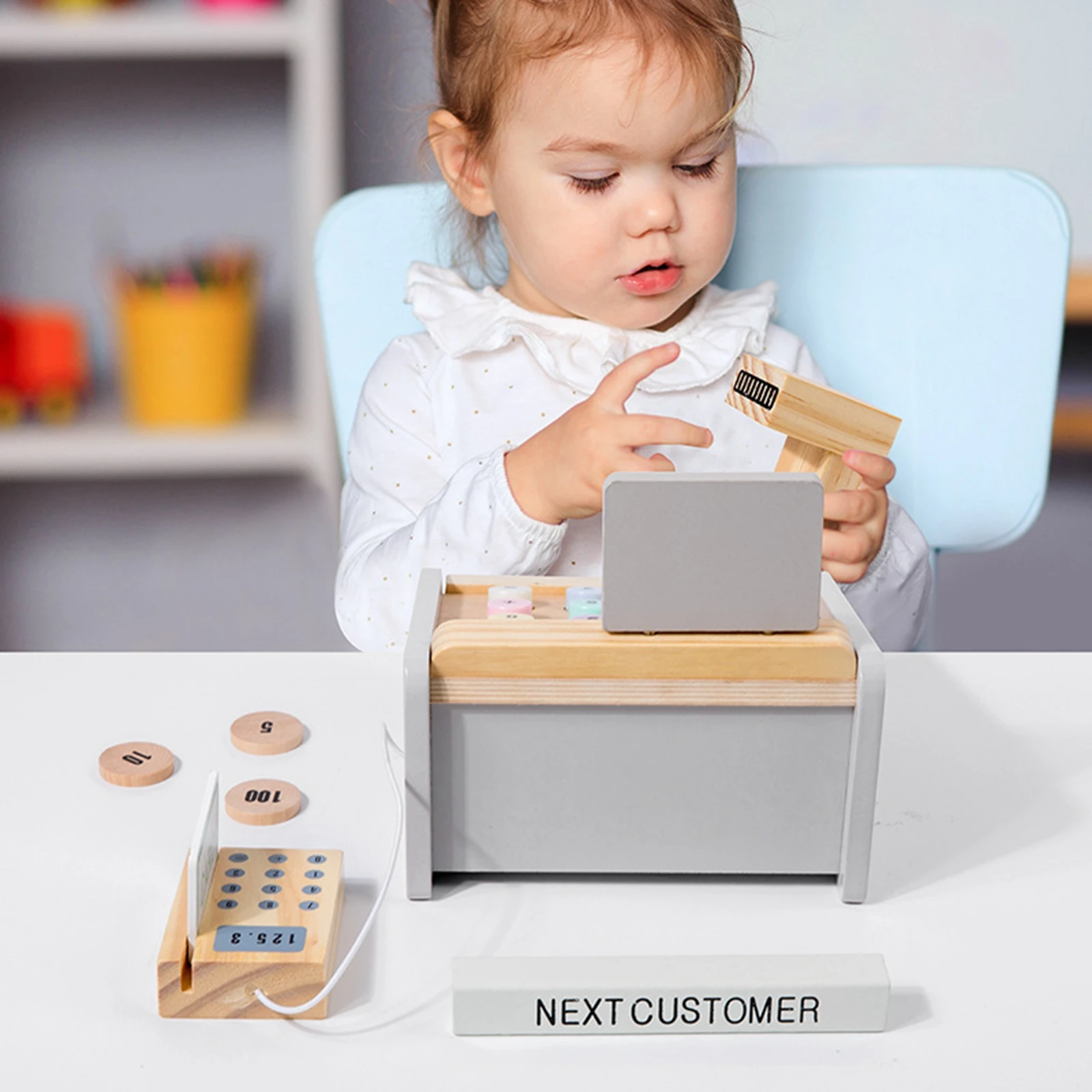 

Wooden Cash Register Set Simulation Calculator Register Shopping Role Play Interactive Toy for Toddler Learning Educational Toys