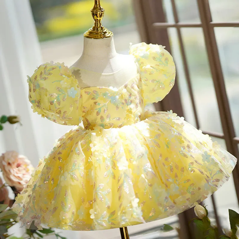 New Children's Princess Evening Gown Fashionable Flower Design Wedding Birthday Baptism Easter Eid Party Sequin Girls Dresses