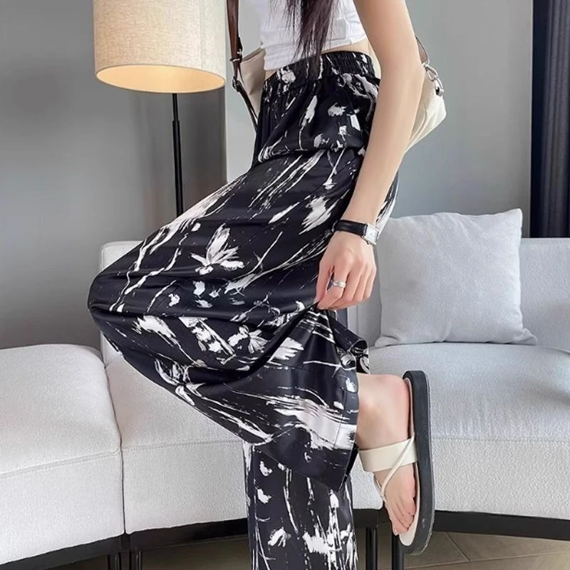 Chinese Ink Painting Print Women's Ice Silk Pants Summer Lightweight Satin Wide Leg High Waist Straight Floor Length Trousers​