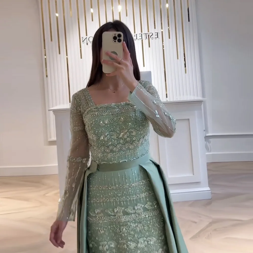 Elegant Pearls Evening Dress for Women with Detachable Skirt 2025 Luxury Long Sleeves Formal Prom Wedding Party Gown Customized