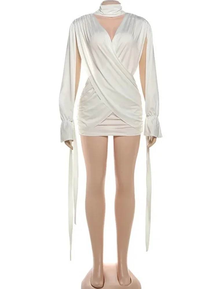 Chaxiaoa Hollow Out Long Sleeve Sexy Deep V Neck Waist-Cinching Bodycon Dress Women Elegant Slim Party Club Evening Dress