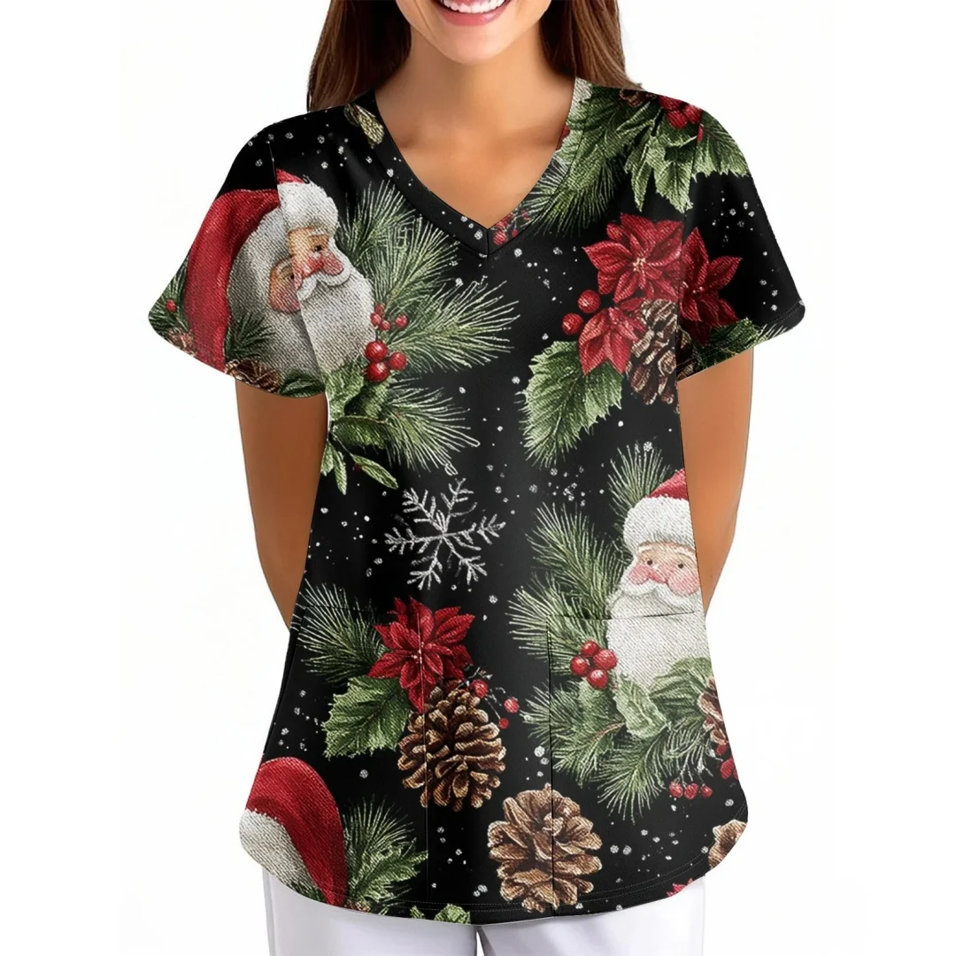 الزي السريري للنساء قصب الحلوى سانتا كلوز طباعة عيد الميلاد الخامس الرقبة الدعك المرأة موضة قصيرة الأكمام الزي الجراحي للنساء