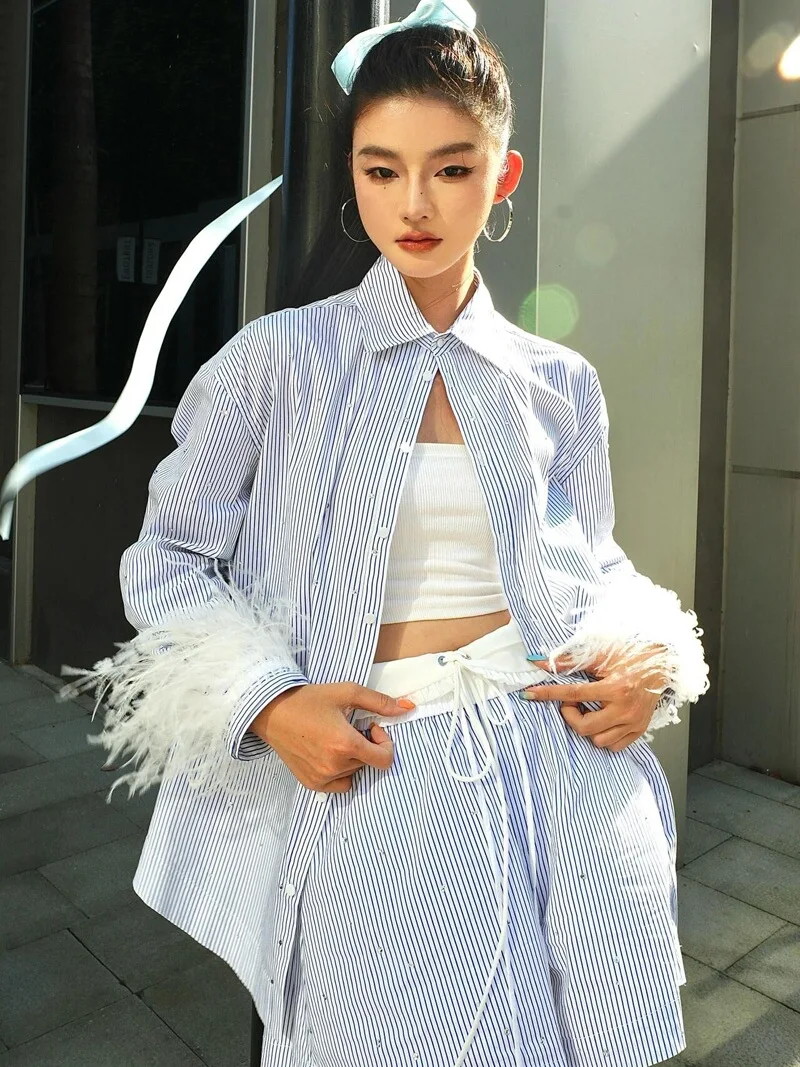 

IINHUII синий полосатый irt Svel Lazy Sle orts комплект из двух предметов, женский свободный крой, хлопковый длинный све, на пуговицах irt