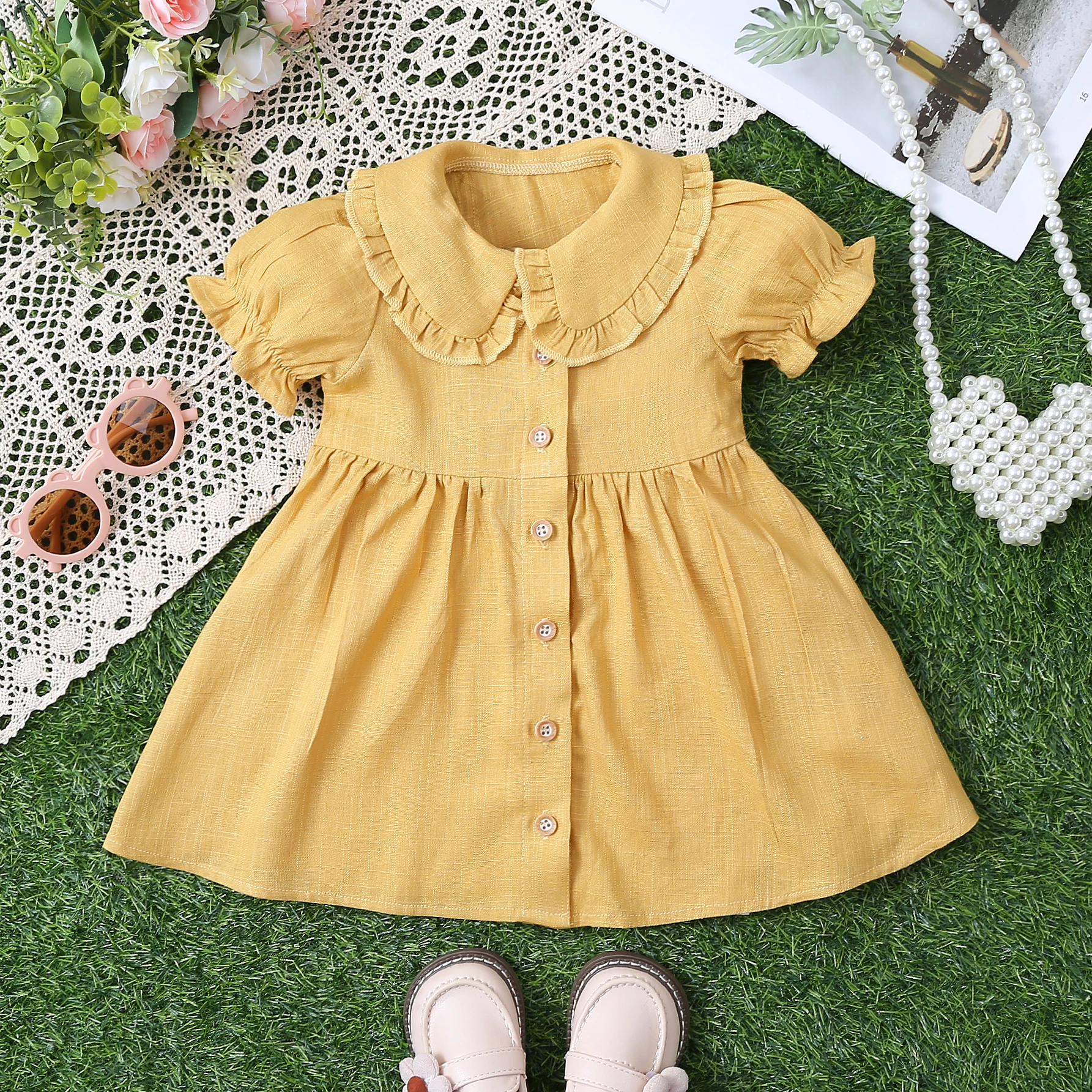 Summer baby girl\'s solid color lapel ruffled doll collar front button up dress Child Accessories