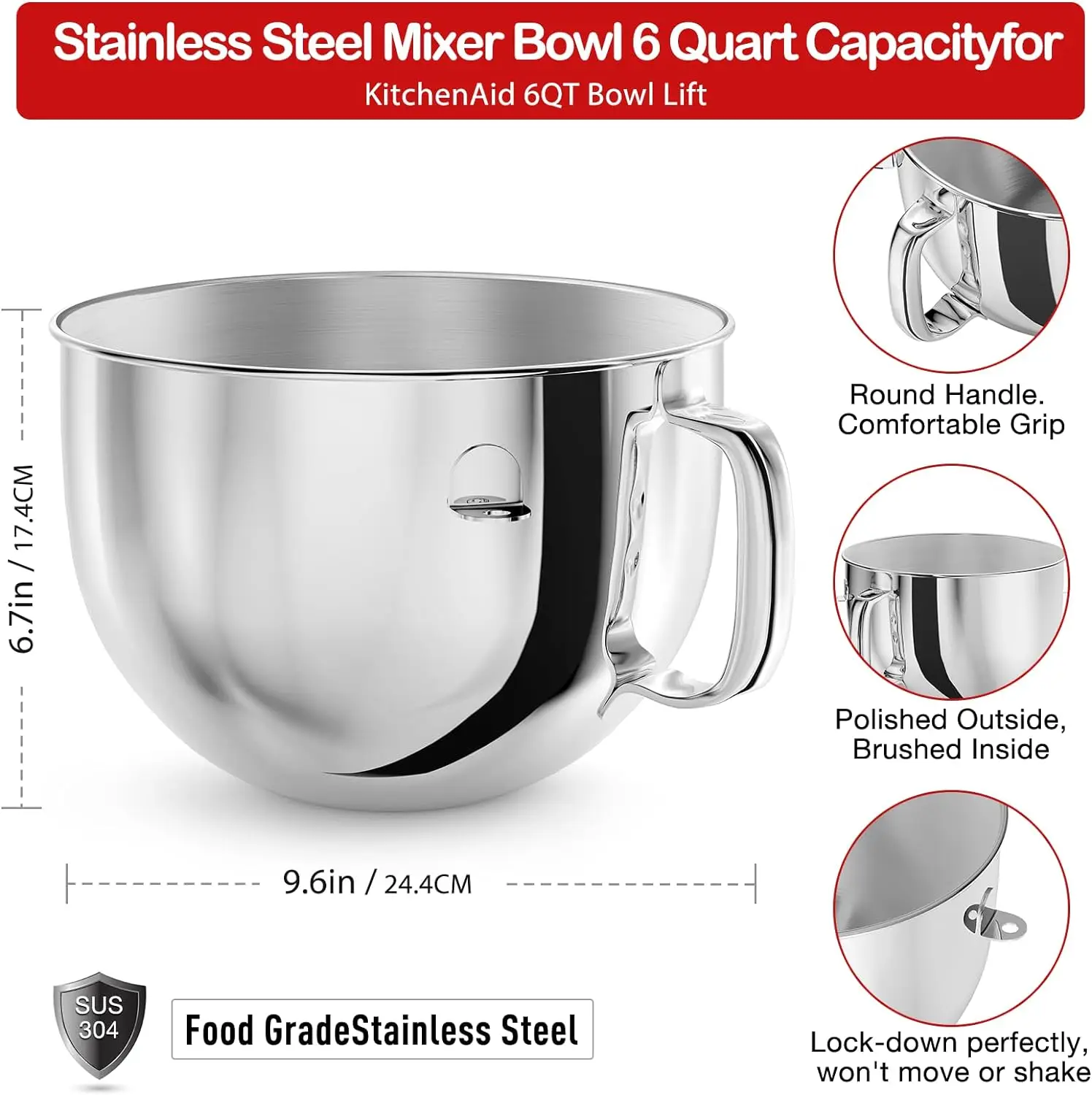 6QT Stainless Steel Mixer Bowl for Kitchenaid Stand Mixers, Kitchen Aid Mixing Bowl for 6QT Lift Mixer with Handle