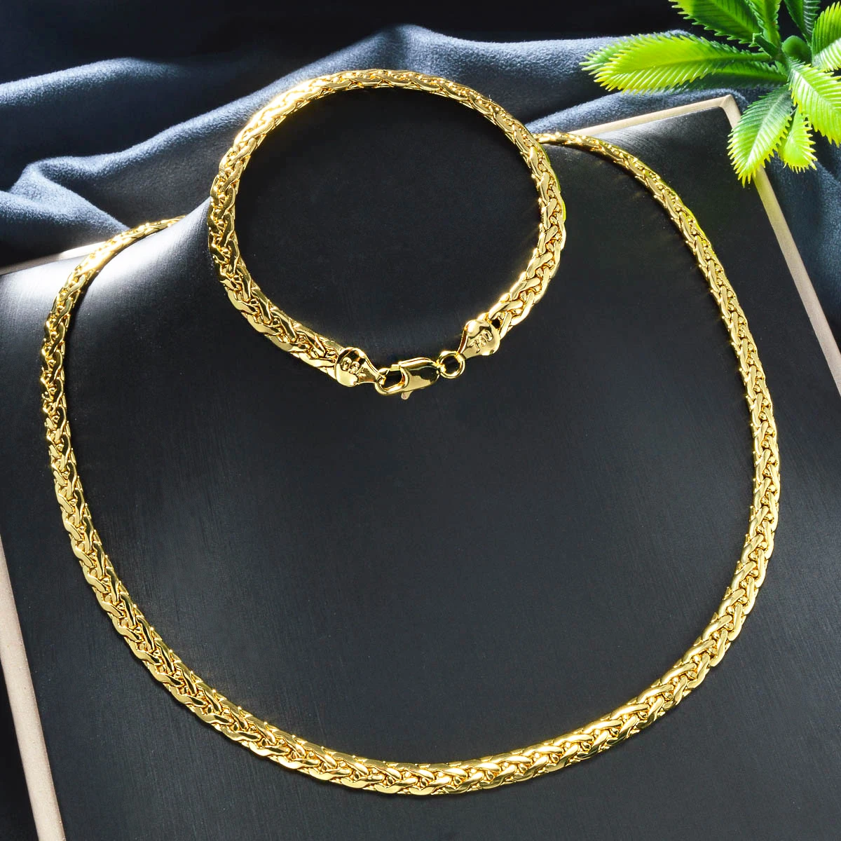 Gold Plated Copper Byzantine Chain Jewelry Set 750 Italy Mark Braided Link Necklace Bracelet Women Classic Chain Daily Jewelry