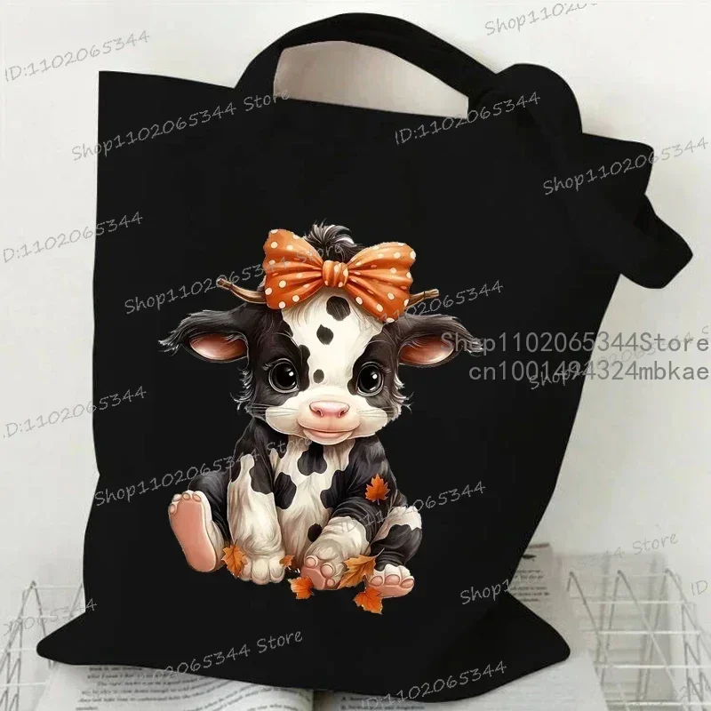 Cute Cow Print Canvas Tote Bag Women's Large Capacity Beach Shoulder Bag Student Casual Travel Shopping Bags Cartoon Cow Handbag