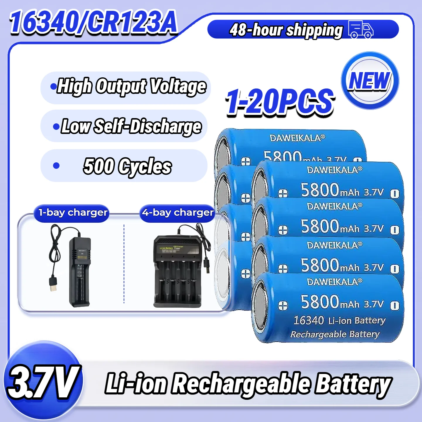 

16340 CR123A Battery 3.7V 5800mAh Rechargeable, with Charger. High Capacity Li-ion for LED Flashlight, Laser Sight and More