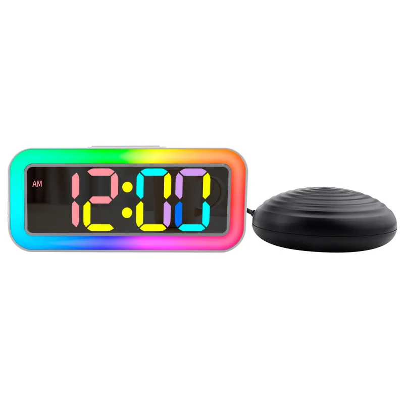 LED Digital Vibration Alarm Clock with RGB Night Light, Multi-function Doorbell Phone Call Reminder for Hard of Hearing People