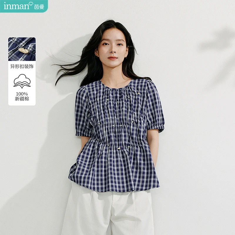 

Inman 2025 Summer New Women's French Plaid Shirt - Sweet Pastoral Short Sleeve Peter Pan Collar Blouse