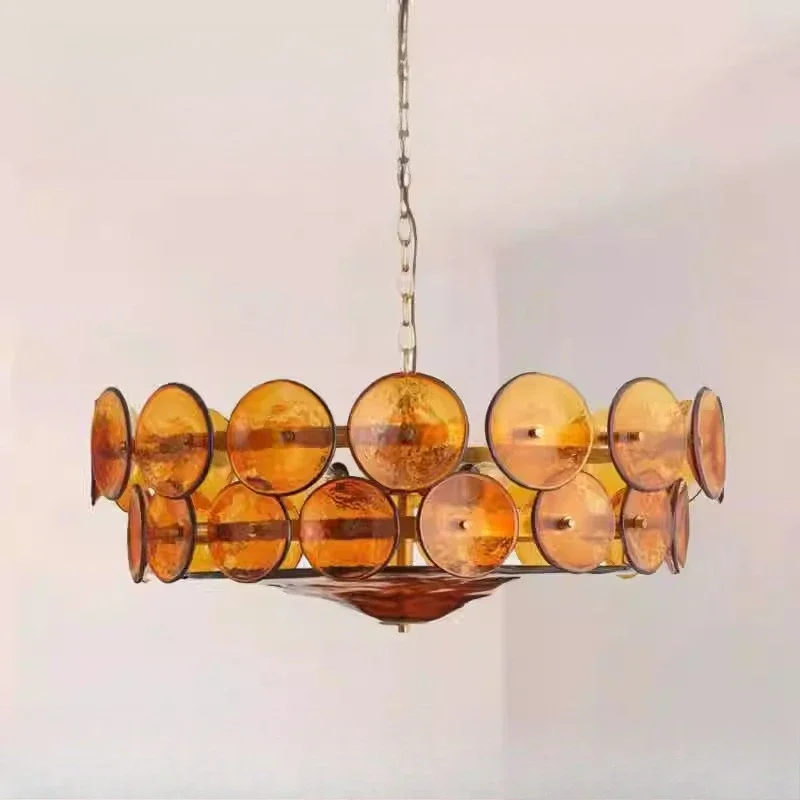 

1Living Room Designer French Retro Bedroom Brown Glass Chandelier Light Luxury Dining Room Lamp.