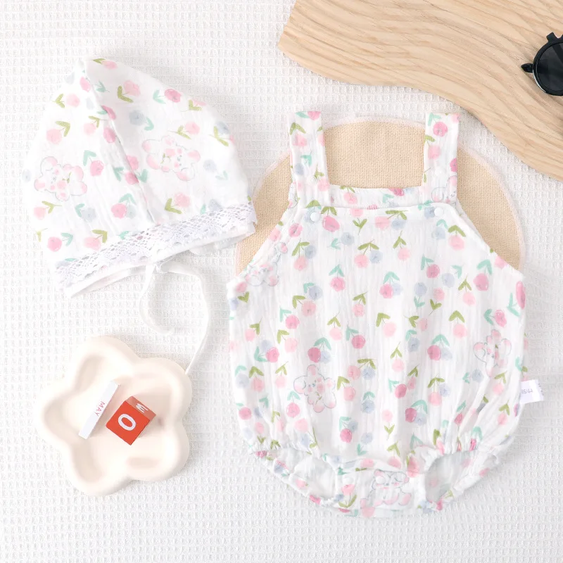 

Baby Girls Summer Clothes Muslin Sling Jumpsuit Newborn Cotton Lace Princess Romper And hat 2 Pcs 0-24 Months