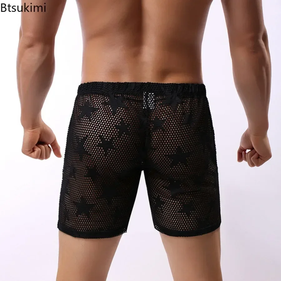 Men's Summer Sexy See Through Pajamas Shorts Men Mesh Five-pointed Star Underwear Homewear Male Elasticity Sleep Bottoms Homme