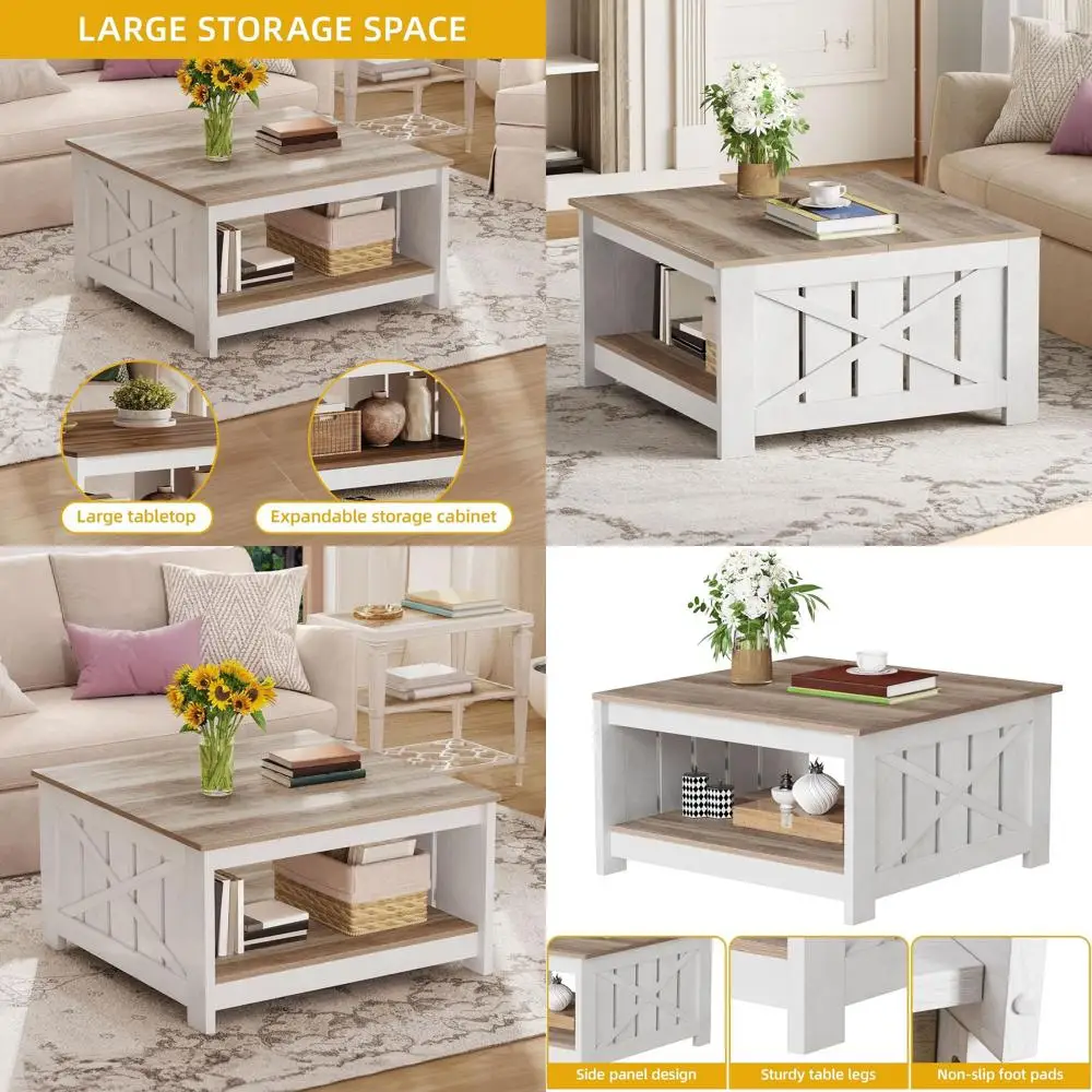 

Серый журнальный столик в стиле фермерского дома с двумя ярусами и полупрозрачным отсеком для хранения для гостиной