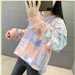 Spring Autumn Contrast Color Pullover Round Neck Geometric Printing Lantern Long Sleeve Office Lady Screw Thread Hoodies Tops