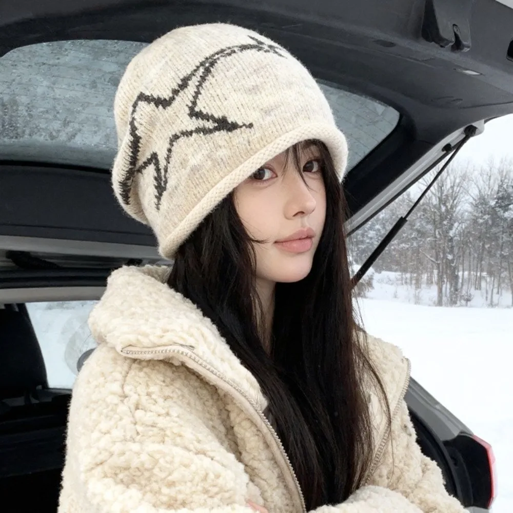 Y2K Style Star Patterned Beanie Cap Elastic Edge Curl Knitted Hat Ear Protection Soft Brimless Slouchy Hat
