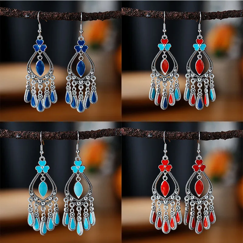 Ethnic Drop Oil Flower Water Drop Vintage Earrings for Women Simple Temperament Silver Color Alloy Dangle Earring Jewelry