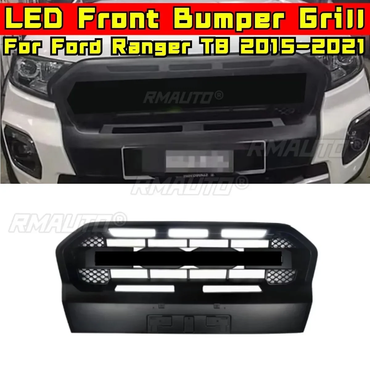 For Ford Ranger T8 2015-2021 Body Kit Car Bumper Grill LED Racing Grills Front Grille LED Front Bumper Grill Modification Part