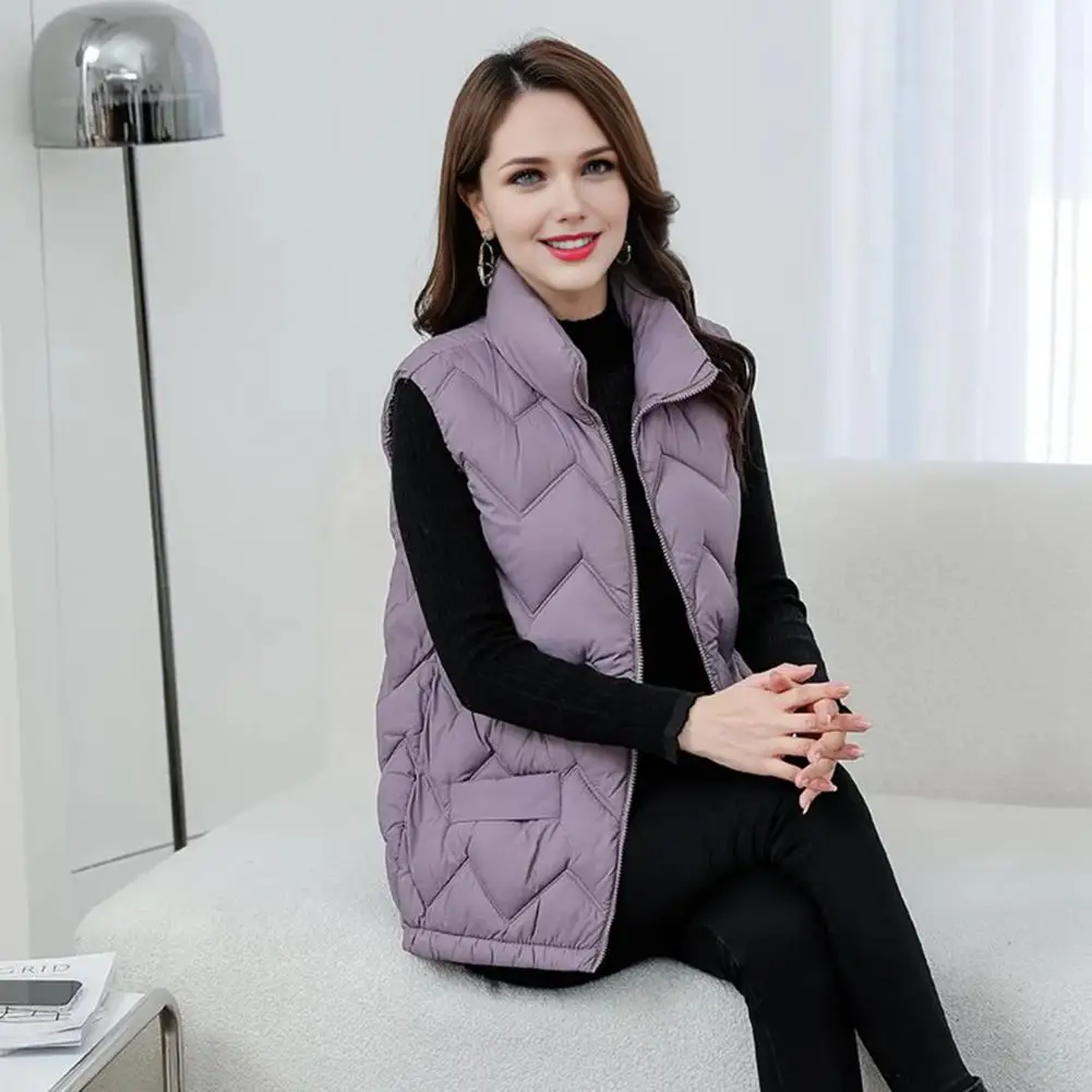 2026 Women Fluffy Down Cotton Vest Jacket Solid Loose Casual Quilted Stand Collar Lightweight Zipper Closure Pockets Versatile O