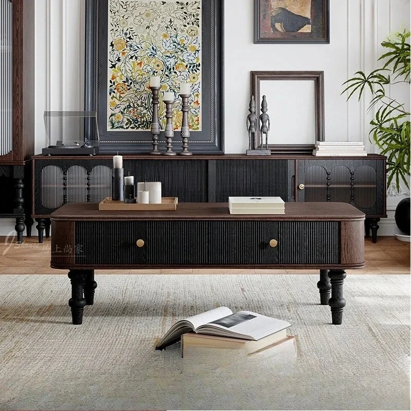 

French retro style pure solid wood living room TV cabinet coffee table combination tea table furniture