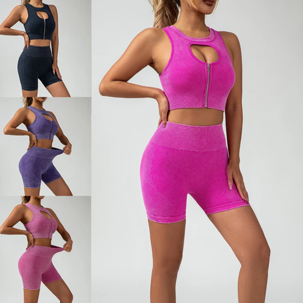 Yoga Suit Shorts Sets for Women Fitness Short Sleeve Sanding High Waist Hip Lifting Three Part Pants Seamless Zipper Sports Vest