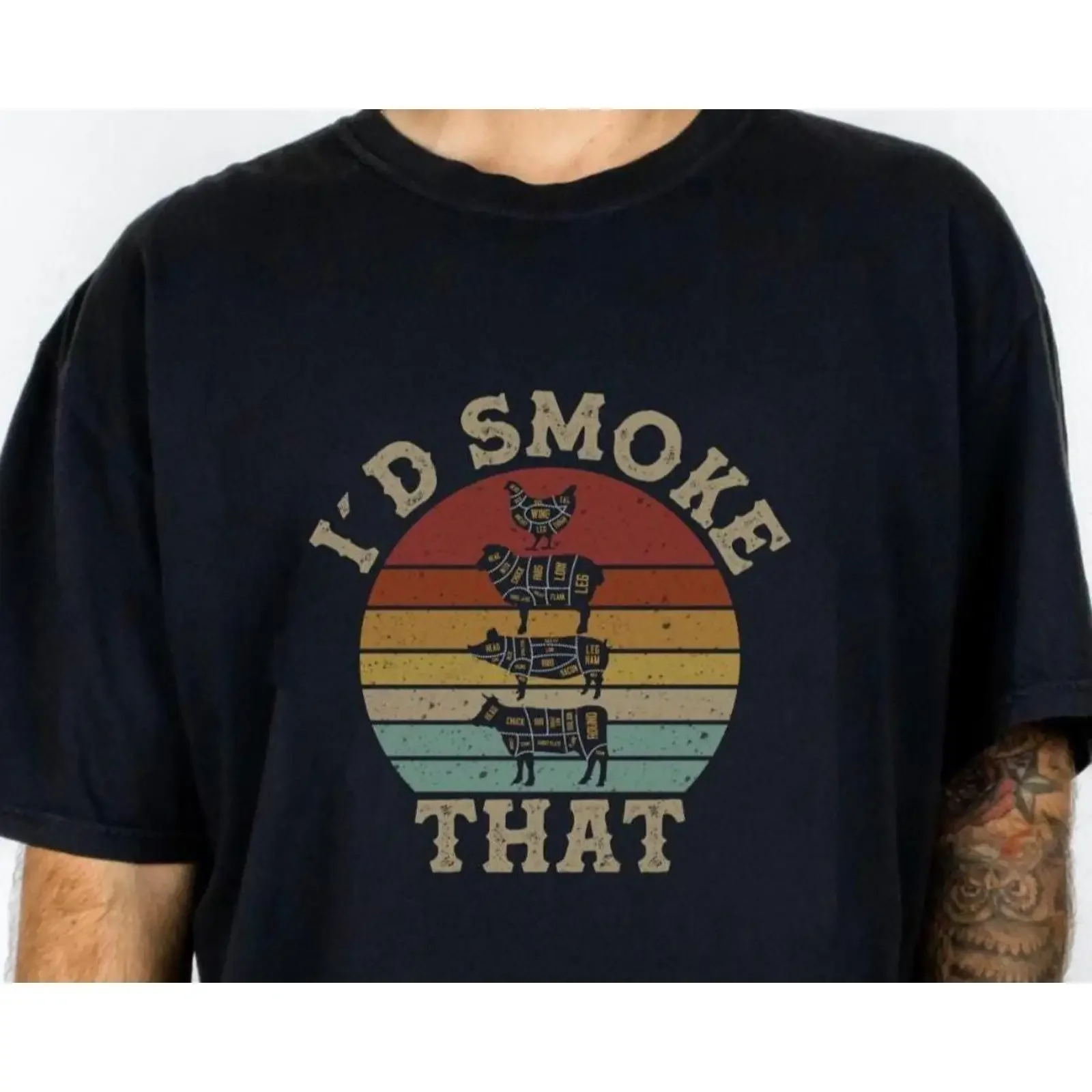 I'd Smoke That Vintage Sunset Funny Meat Smoker T Shirt BBQ Griller Father's Day Carnivore vintage Washed fashion homme
