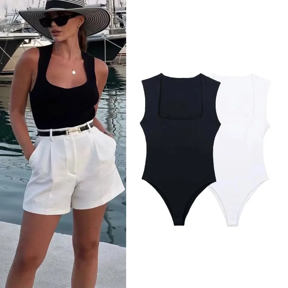 

Woman Black Body Sleeveless Bodysuit Women Square Neck Sexy Lingerie For Women Body Wide Straps Bodycon Summer 2025 Tops
