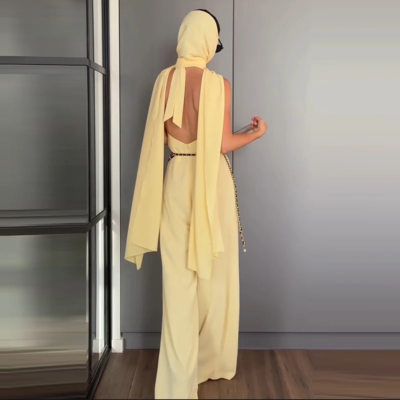 

Women's Fashion Draped Solid Loose Romper Sexy V-neck Lace-Up Backless Long Playsuit Elegant Sleeveless Pair With Cape Jumpsuit