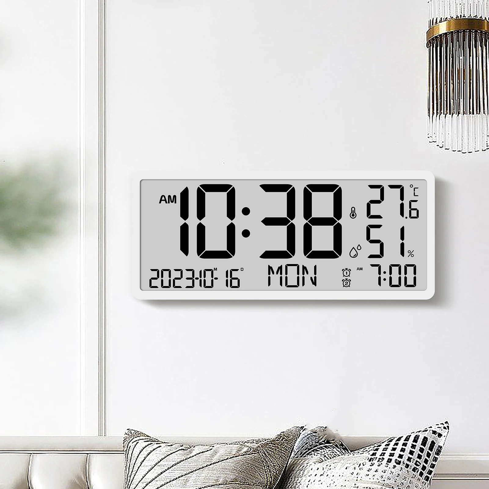 Large Digital Wall Clock Temp Humidity Date Week Display Table Clock Sitting And Hanging Dual Use Stylish Electronic Alarm Clock