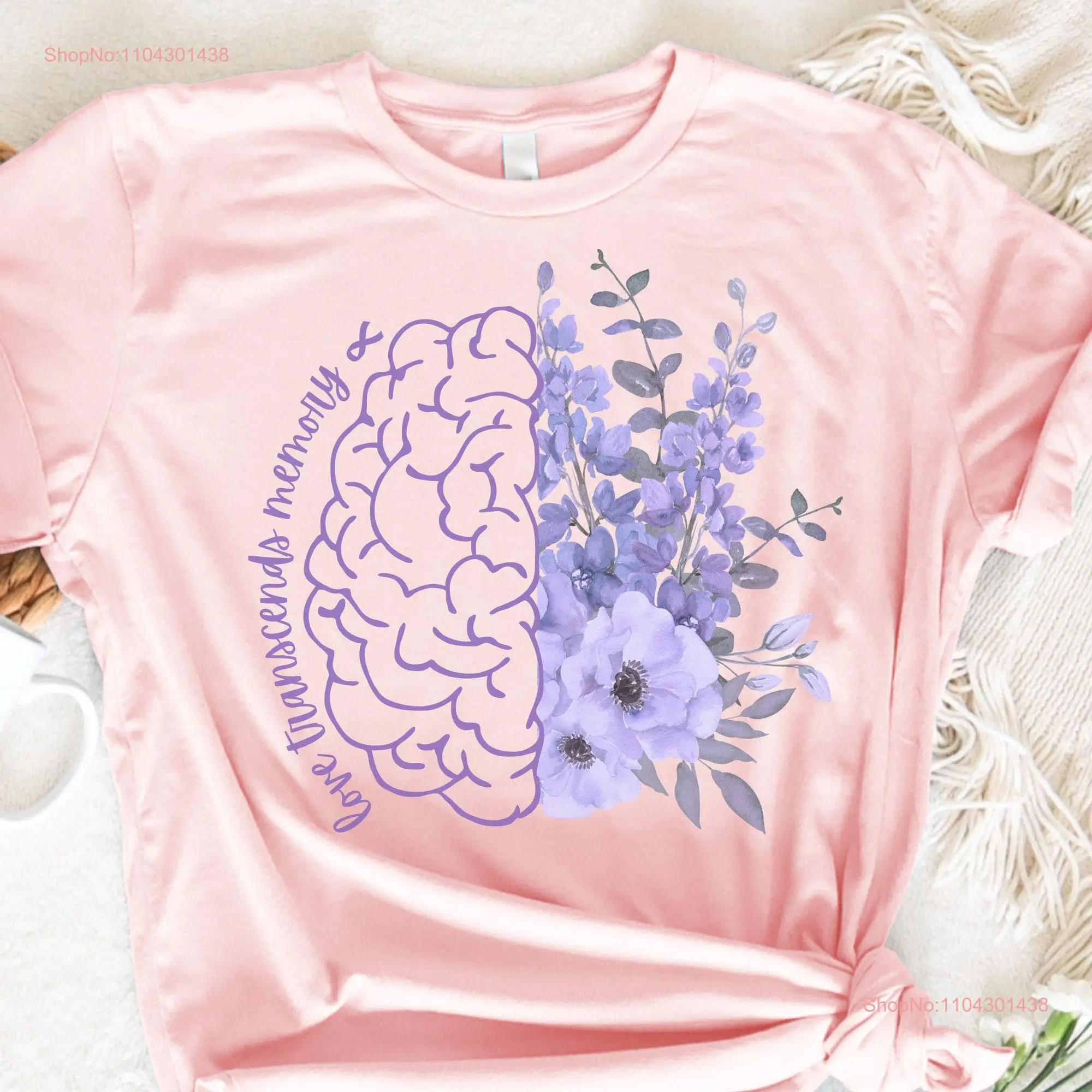 Alzheimers T Shirt Awareness Month Family Group SupporT Brain Purple Flowers Love Transcends Memory long or short sleeves