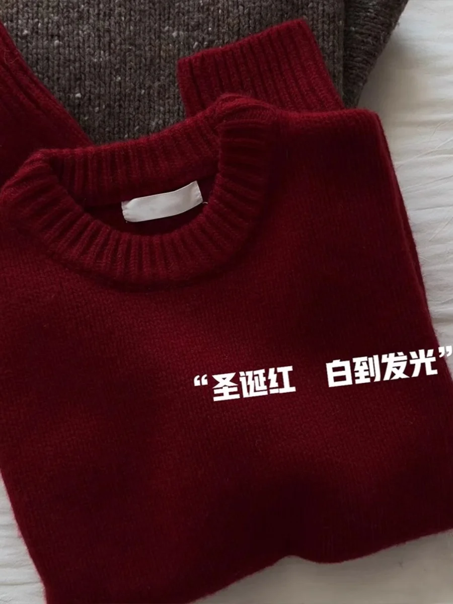 

Elegant Wine Red Knitted Sweater Women's round Neck Pullover Base Layer Christmas New Year's Outfit Korean Style Loose Fit