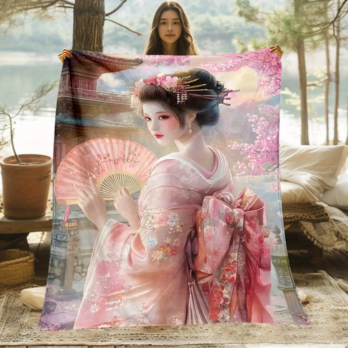 Custom Geisha Blanket Japanese Kimono Cherry Blossom Fan Design Personalized Name Fleece Throw All Season Soft Warm Bedding Home