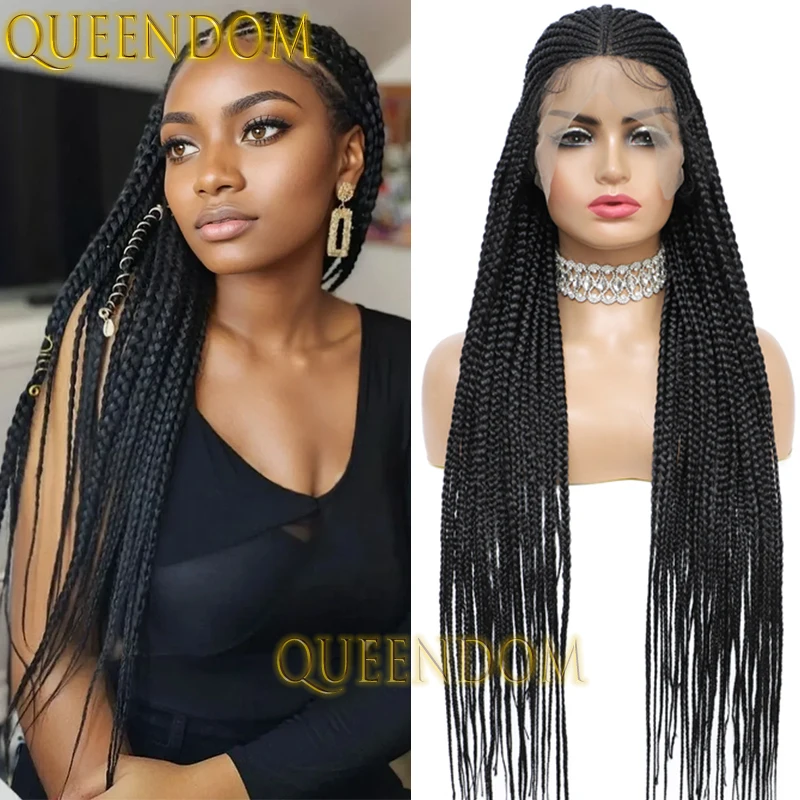 36 Inch Synthetic Braids Wig 13×8 Lace Front Crochet Cornrow Plait Braided Wig For Black Women Knotless Box Braid Distressed Wig